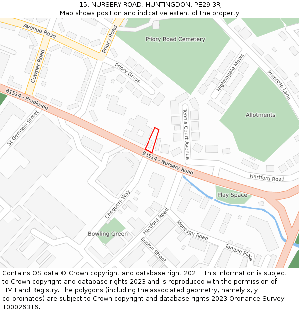 15, NURSERY ROAD, HUNTINGDON, PE29 3RJ: Location map and indicative extent of plot