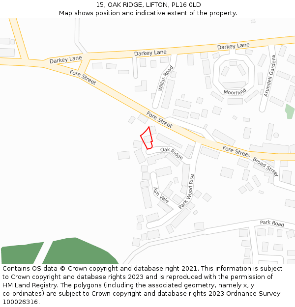 15, OAK RIDGE, LIFTON, PL16 0LD: Location map and indicative extent of plot