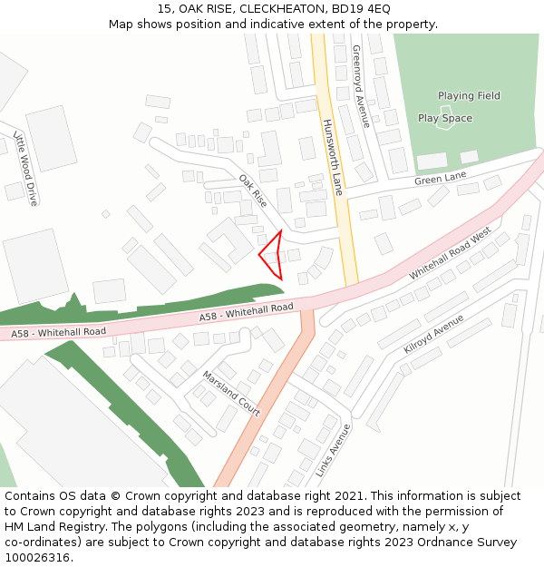 15, OAK RISE, CLECKHEATON, BD19 4EQ: Location map and indicative extent of plot