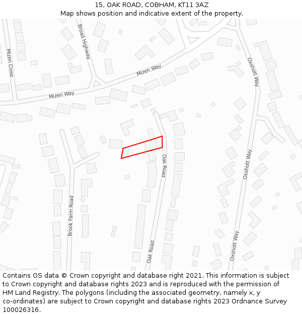 15, OAK ROAD, COBHAM, KT11 3AZ: Location map and indicative extent of plot