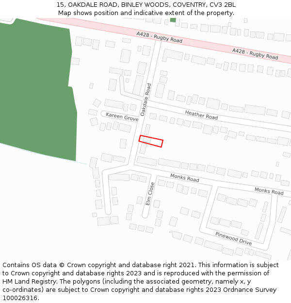 15, OAKDALE ROAD, BINLEY WOODS, COVENTRY, CV3 2BL: Location map and indicative extent of plot