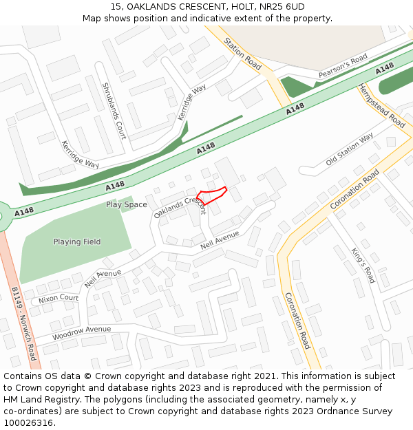 15, OAKLANDS CRESCENT, HOLT, NR25 6UD: Location map and indicative extent of plot