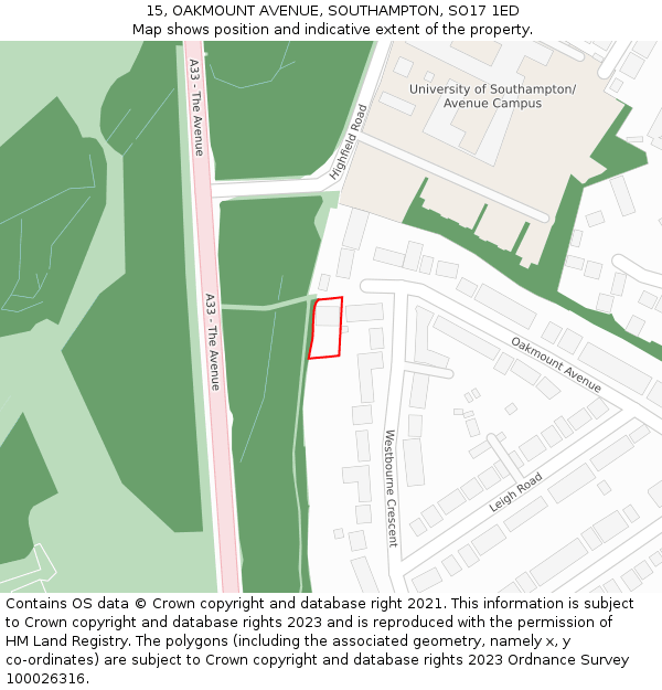 15, OAKMOUNT AVENUE, SOUTHAMPTON, SO17 1ED: Location map and indicative extent of plot