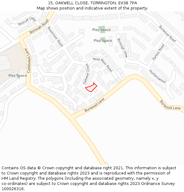 15, OAKWELL CLOSE, TORRINGTON, EX38 7PA: Location map and indicative extent of plot