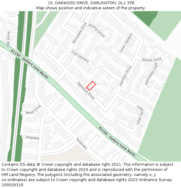 15, OAKWOOD DRIVE, DARLINGTON, DL1 3TB: Location map and indicative extent of plot