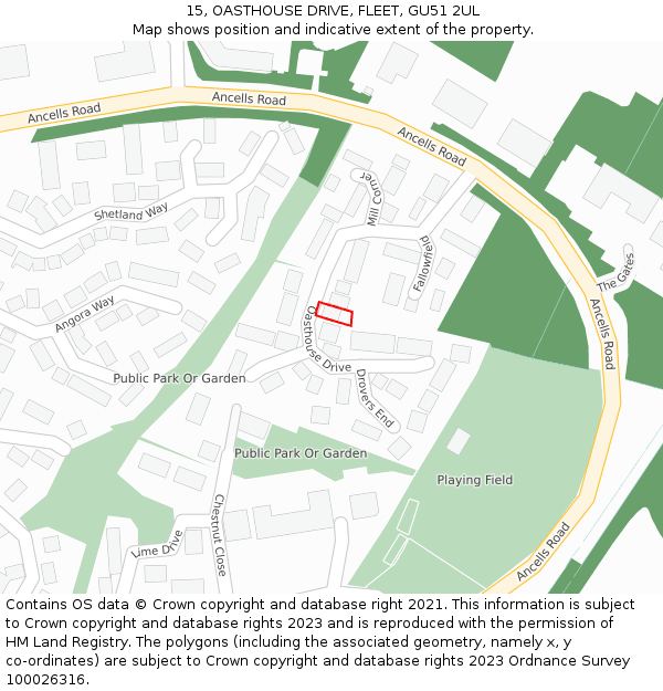 15, OASTHOUSE DRIVE, FLEET, GU51 2UL: Location map and indicative extent of plot