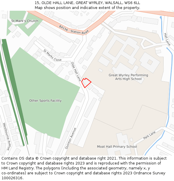15, OLDE HALL LANE, GREAT WYRLEY, WALSALL, WS6 6LL: Location map and indicative extent of plot