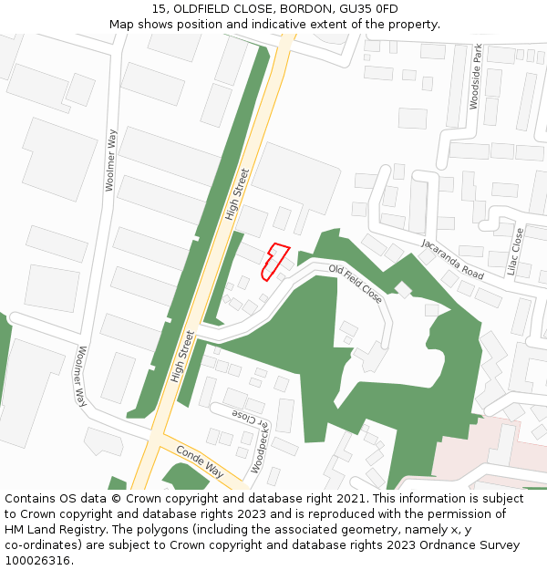 15, OLDFIELD CLOSE, BORDON, GU35 0FD: Location map and indicative extent of plot