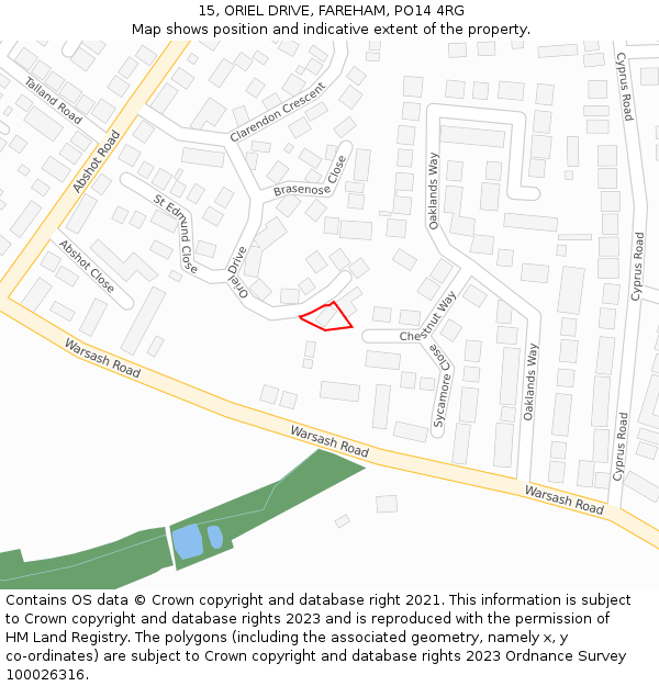 15, ORIEL DRIVE, FAREHAM, PO14 4RG: Location map and indicative extent of plot