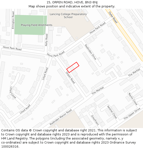 15, ORPEN ROAD, HOVE, BN3 6NJ: Location map and indicative extent of plot