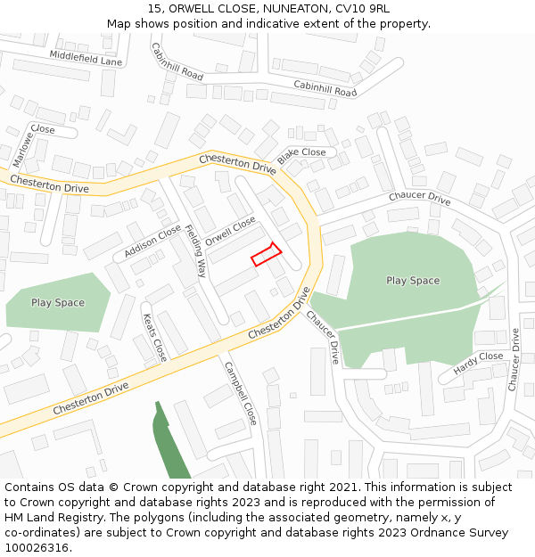 15, ORWELL CLOSE, NUNEATON, CV10 9RL: Location map and indicative extent of plot