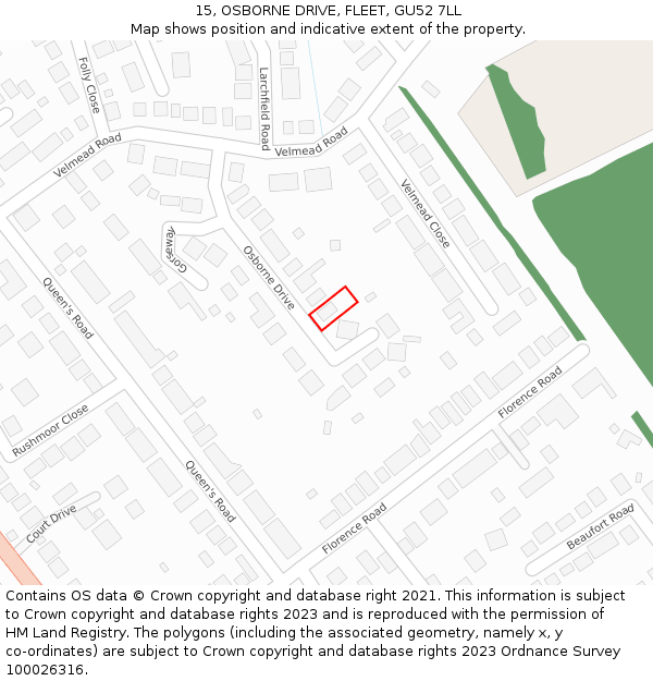 15, OSBORNE DRIVE, FLEET, GU52 7LL: Location map and indicative extent of plot