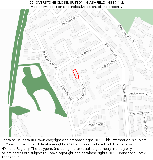 15, OVERSTONE CLOSE, SUTTON-IN-ASHFIELD, NG17 4NL: Location map and indicative extent of plot