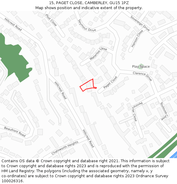 15, PAGET CLOSE, CAMBERLEY, GU15 1PZ: Location map and indicative extent of plot