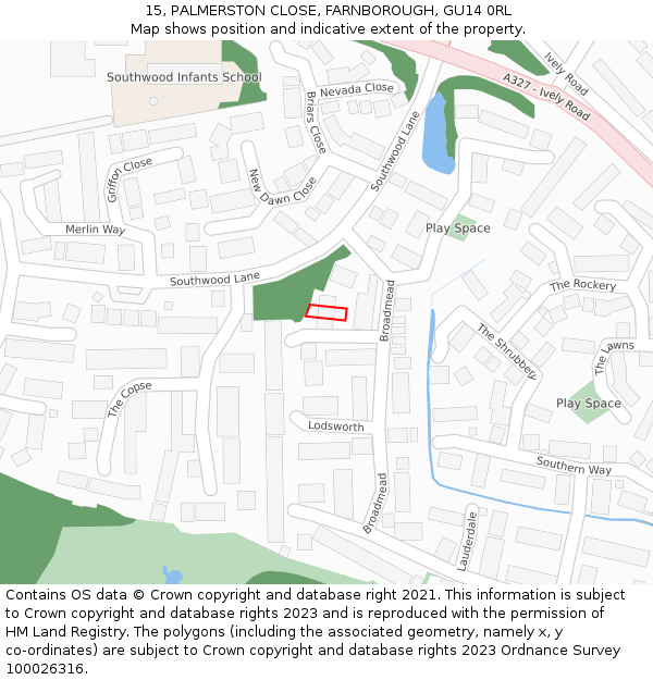 15, PALMERSTON CLOSE, FARNBOROUGH, GU14 0RL: Location map and indicative extent of plot
