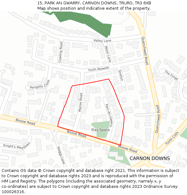 15, PARK AN GWARRY, CARNON DOWNS, TRURO, TR3 6XB: Location map and indicative extent of plot