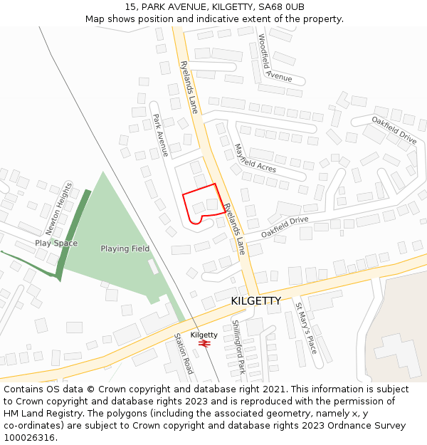 15, PARK AVENUE, KILGETTY, SA68 0UB: Location map and indicative extent of plot