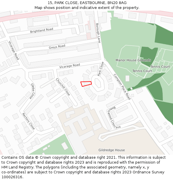 15, PARK CLOSE, EASTBOURNE, BN20 8AG: Location map and indicative extent of plot