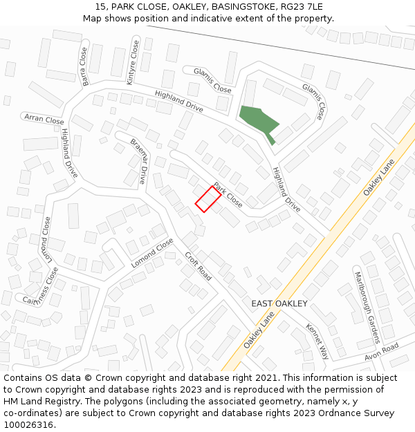 15, PARK CLOSE, OAKLEY, BASINGSTOKE, RG23 7LE: Location map and indicative extent of plot