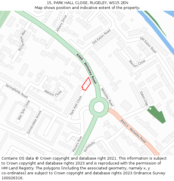 15, PARK HALL CLOSE, RUGELEY, WS15 2EN: Location map and indicative extent of plot