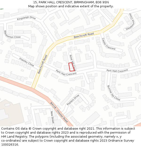 15, PARK HALL CRESCENT, BIRMINGHAM, B36 9SN: Location map and indicative extent of plot