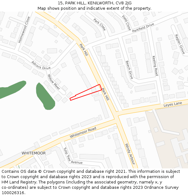 15, PARK HILL, KENILWORTH, CV8 2JG: Location map and indicative extent of plot