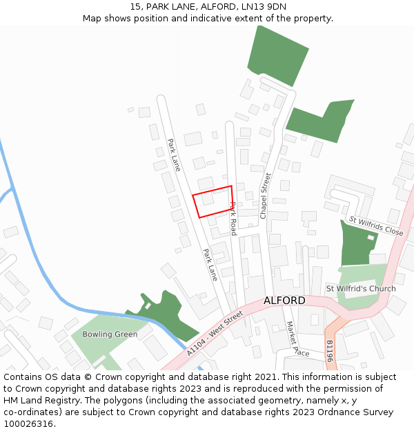 15, PARK LANE, ALFORD, LN13 9DN: Location map and indicative extent of plot