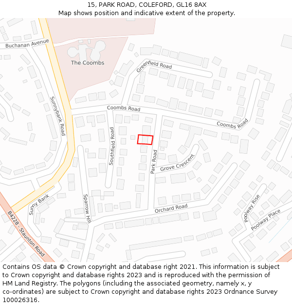 15, PARK ROAD, COLEFORD, GL16 8AX: Location map and indicative extent of plot