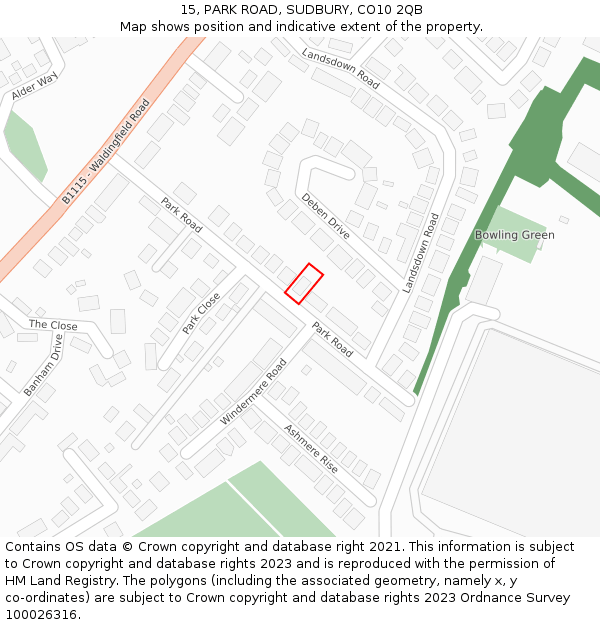 15, PARK ROAD, SUDBURY, CO10 2QB: Location map and indicative extent of plot