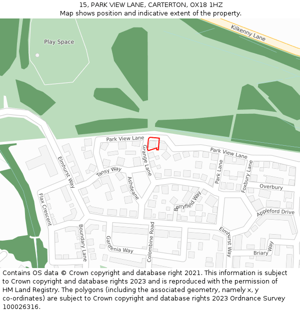 15, PARK VIEW LANE, CARTERTON, OX18 1HZ: Location map and indicative extent of plot
