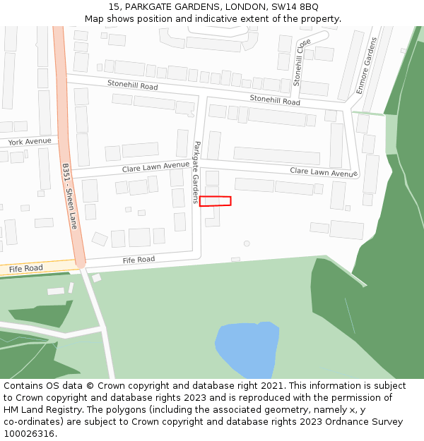 15, PARKGATE GARDENS, LONDON, SW14 8BQ: Location map and indicative extent of plot