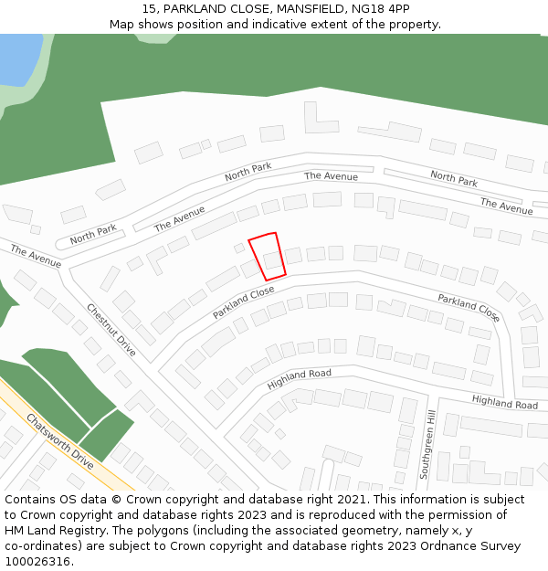 15, PARKLAND CLOSE, MANSFIELD, NG18 4PP: Location map and indicative extent of plot