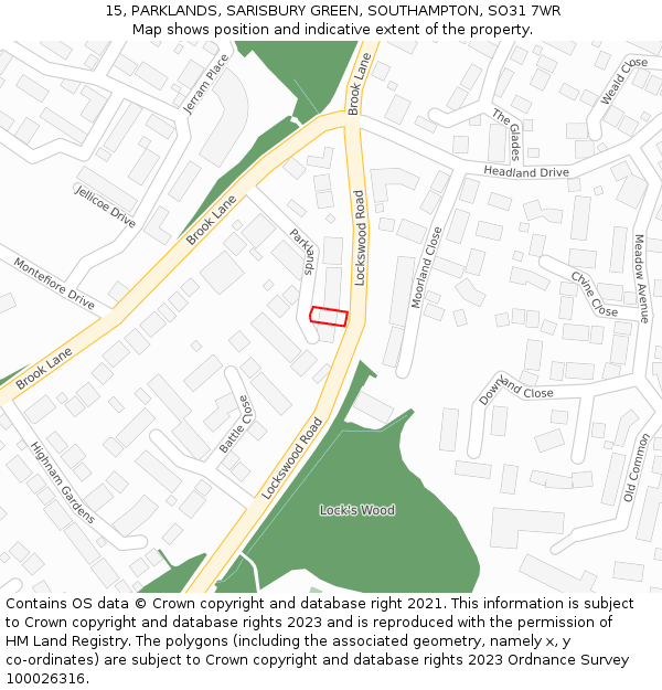 15, PARKLANDS, SARISBURY GREEN, SOUTHAMPTON, SO31 7WR: Location map and indicative extent of plot