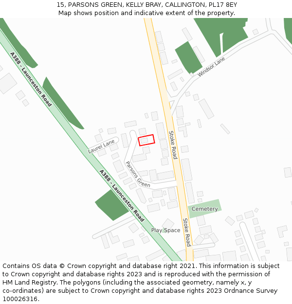 15, PARSONS GREEN, KELLY BRAY, CALLINGTON, PL17 8EY: Location map and indicative extent of plot