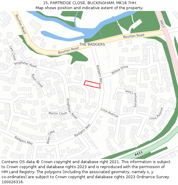 15, PARTRIDGE CLOSE, BUCKINGHAM, MK18 7HH: Location map and indicative extent of plot