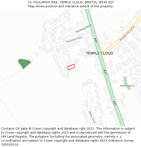 15, PAULMONT RISE, TEMPLE CLOUD, BRISTOL, BS39 5DT: Location map and indicative extent of plot