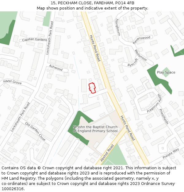 15, PECKHAM CLOSE, FAREHAM, PO14 4FB: Location map and indicative extent of plot