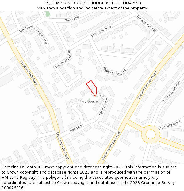 15, PEMBROKE COURT, HUDDERSFIELD, HD4 5NB: Location map and indicative extent of plot