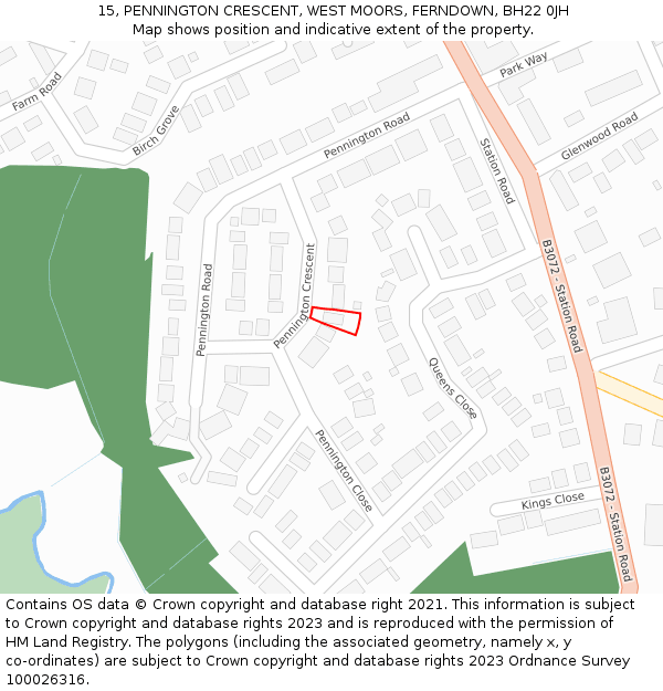 15, PENNINGTON CRESCENT, WEST MOORS, FERNDOWN, BH22 0JH: Location map and indicative extent of plot