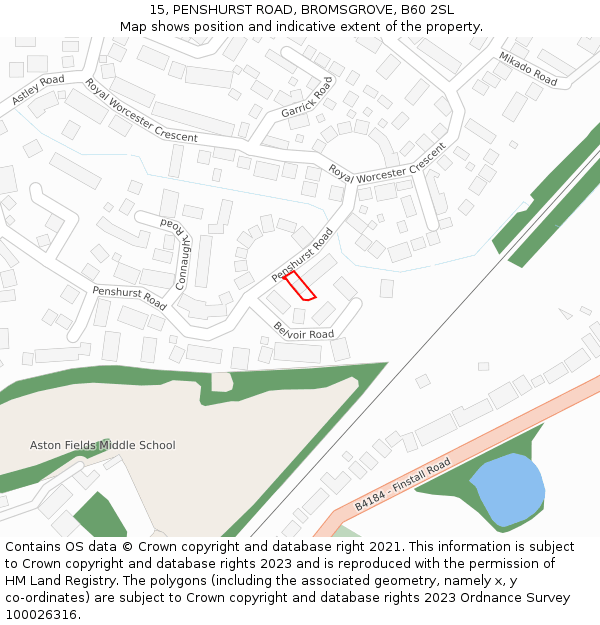 15, PENSHURST ROAD, BROMSGROVE, B60 2SL: Location map and indicative extent of plot