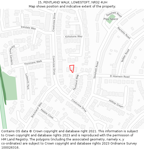 15, PENTLAND WALK, LOWESTOFT, NR32 4UH: Location map and indicative extent of plot