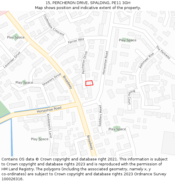 15, PERCHERON DRIVE, SPALDING, PE11 3GH: Location map and indicative extent of plot