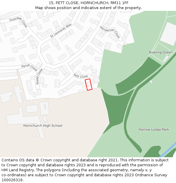 15, PETT CLOSE, HORNCHURCH, RM11 1FF: Location map and indicative extent of plot