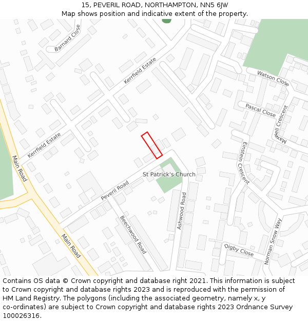 15, PEVERIL ROAD, NORTHAMPTON, NN5 6JW: Location map and indicative extent of plot