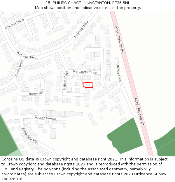15, PHILIPS CHASE, HUNSTANTON, PE36 5NL: Location map and indicative extent of plot