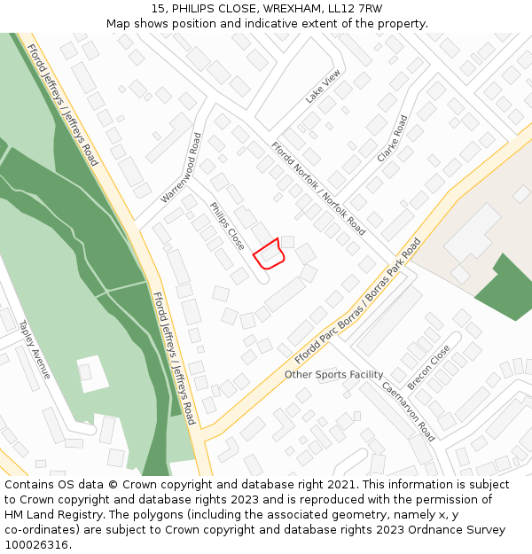 15, PHILIPS CLOSE, WREXHAM, LL12 7RW: Location map and indicative extent of plot