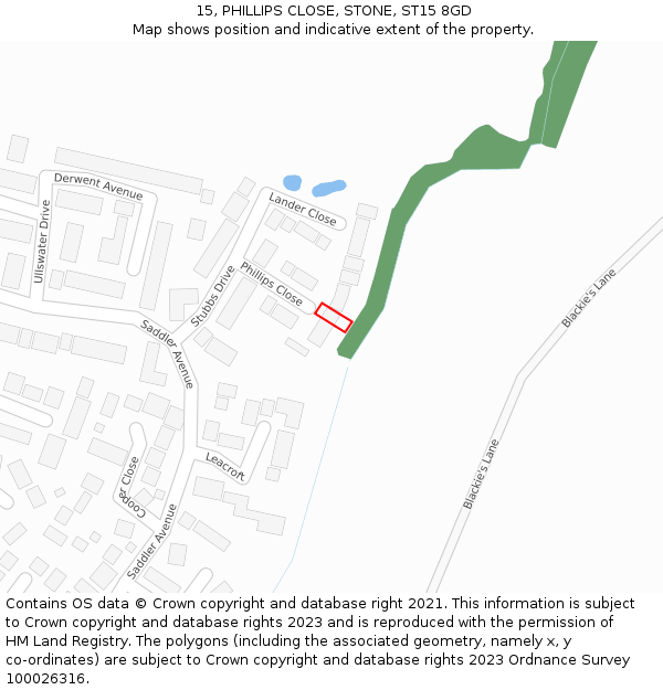 15, PHILLIPS CLOSE, STONE, ST15 8GD: Location map and indicative extent of plot