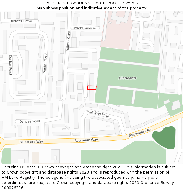 15, PICKTREE GARDENS, HARTLEPOOL, TS25 5TZ: Location map and indicative extent of plot