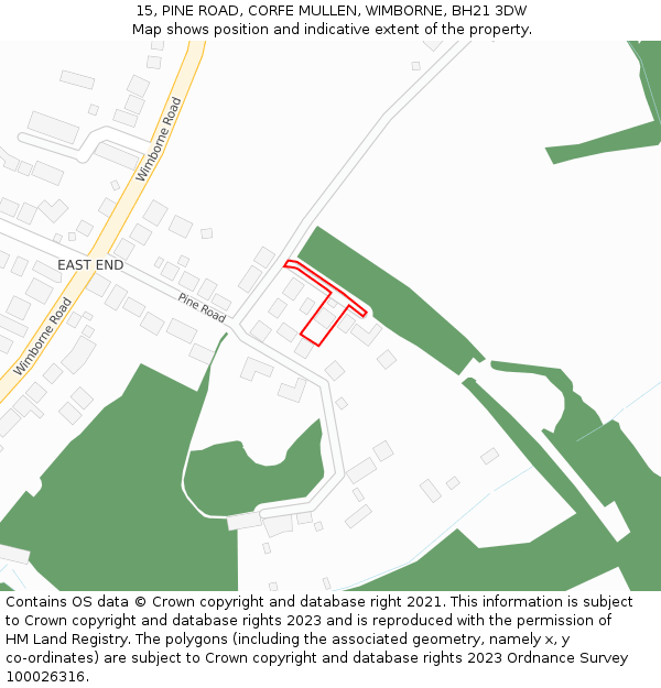 15, PINE ROAD, CORFE MULLEN, WIMBORNE, BH21 3DW: Location map and indicative extent of plot
