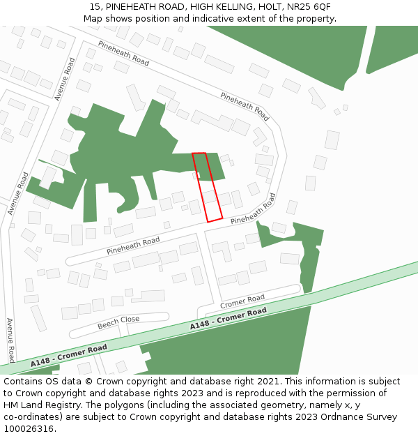 15, PINEHEATH ROAD, HIGH KELLING, HOLT, NR25 6QF: Location map and indicative extent of plot